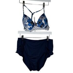 Tropical Floral Navy Bikini Set‎ High Waisted Ruched Push Up Swimsuit XL/M